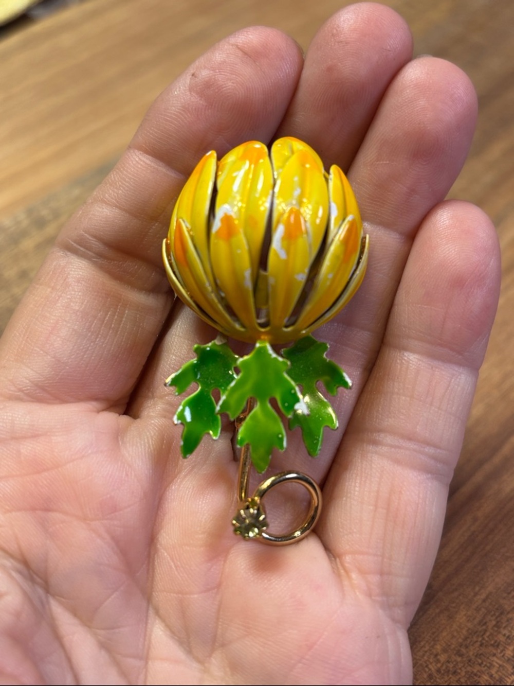 Botticelli Yellow & Orange Enamel Flower Brooch with Green Leaves